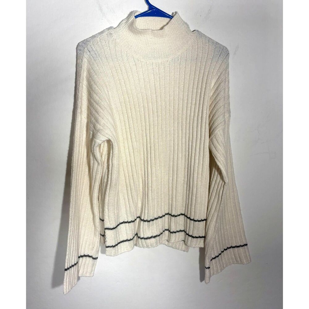 Womens Medium Cream Ribbed Mock Neck Sweater Black Stripe Bell Sleeve Pullover